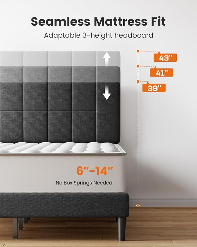 Pipishell Full Size Bed Frame with 12 Thickened Legs&Fabric Upholstered Headboard,1300 Lbs Weight Capacity, Adjustable Headboard, No Box Spring Needed, Easy Assembly, Underbed Storage（Solid Wooden）