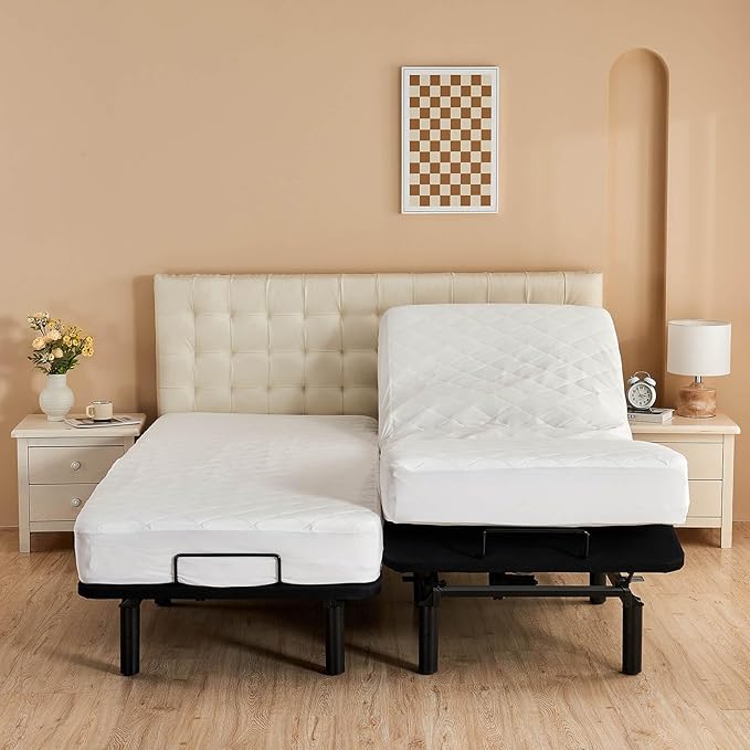 Kingnex Cotton Waterproof Split Cal King Mattress Protector for Ajdustable Bed Soft Microfiber Padded Fitted Quilted Mattress Topper Pad