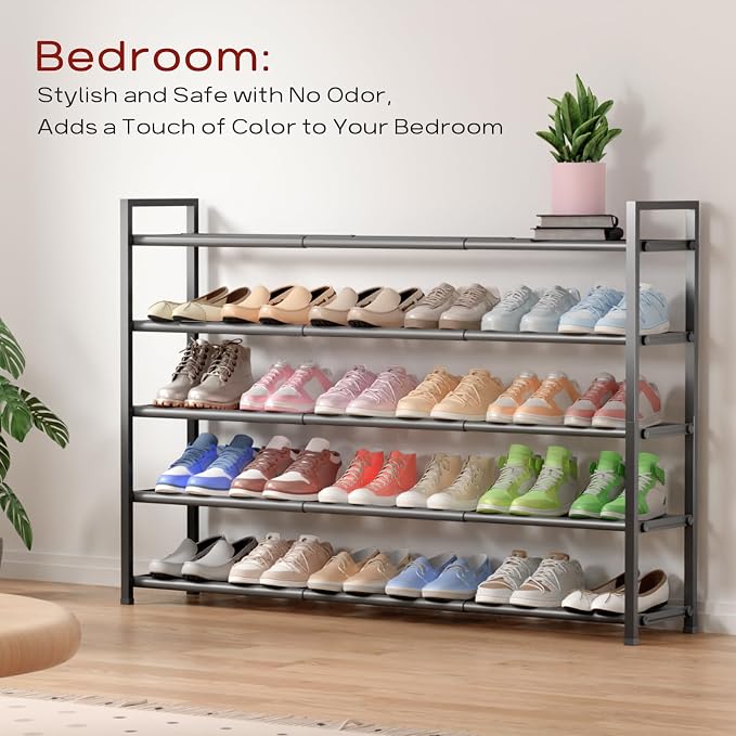 Bumusty 5-Tier Long Expandable Shoe Rack for Closet, 18"-44" Adjustable Shoe Rack for Entryway, 25-30 Pairs Large Shoe Organizer Shelf Storage, Sturdy Metal, Grey - Image 4