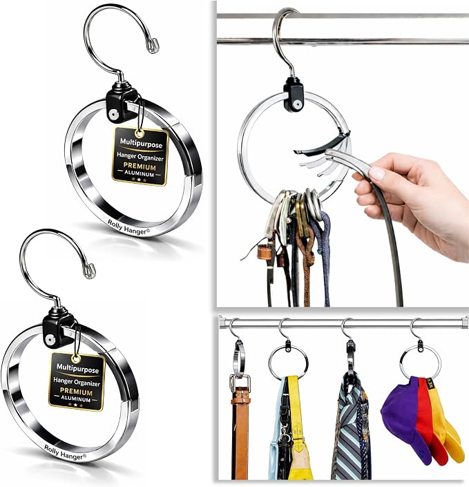 Rolly Hanger® Closet Space Saver – Premium Rotating Aluminum Organizer for Belts, Ties, Hats & Handbags – Heavy Duty 360° Swivel – Declutter & Maximize Storage (2 Pack) by RollyHanger