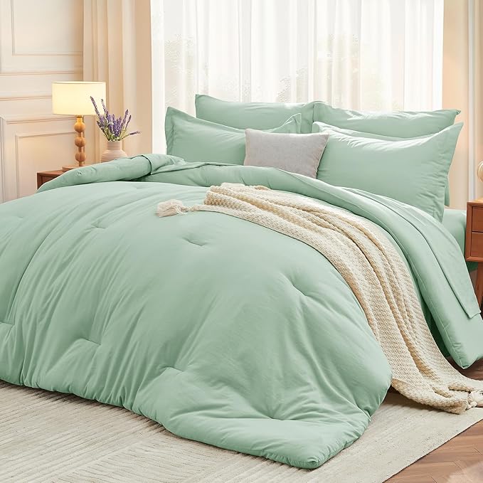MUXHOMO 7 Pieces Queen Comforter Set, Soft Bed in a Bag Queen Size, All Season Bedding Set with Comforter, Flat Sheet, Fitted Sheet, Pillowcases & Shams, Sage Green
