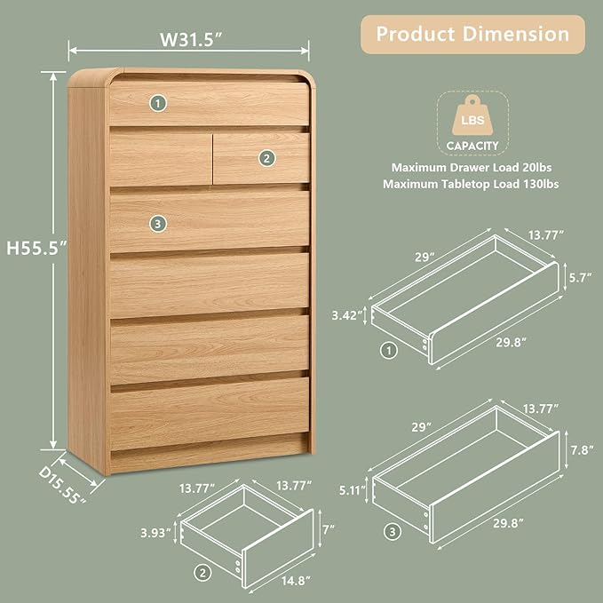 Aitjunz Modern 7 Drawers Dresser for Bedroom, 55" Tall Dressers & Chest of Drawers w/Curved Profile Design, Wood Mid Century Vertical Storage Dressers Organizer for Bedroom, Living Room, Natural Oak