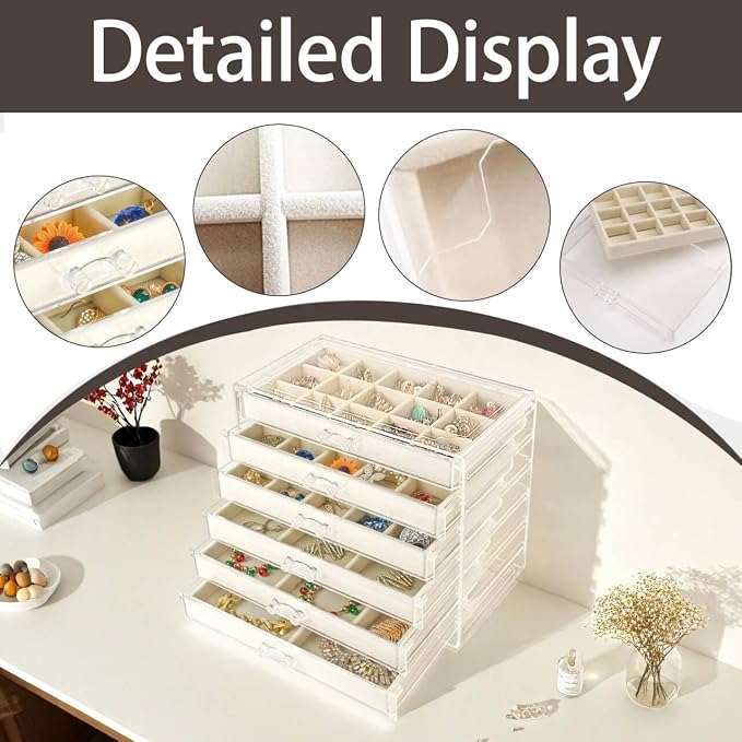 Watpot Acrylic Jewelry Box with 6 Drawers, Clear Earring Storage Organizer Display Case for Women Girls, Beige - Image 3
