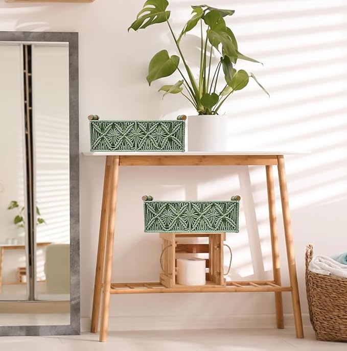 HOSROOME Macrame Boho Decor Baskets for Organizing Woven Decorative Basket for Countertop Toilet Paper Basket for Tank Top for Home Decor Bedroom Nursery Livingroom Entryway (Set of 2,Green) - Image 6