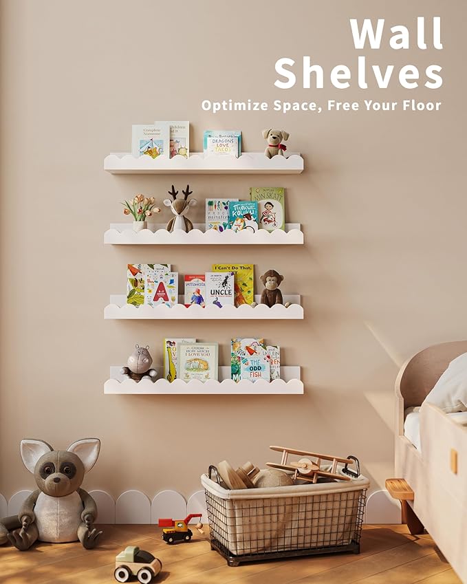 Shario Nursery Book Shelves, 8-Pack White Floating Shelves for Wall Kids, Scalloped Shelves, Wall Book Shelves for Bedroom Kids, Toddler Room, Baby Room, Nursery Decor - Image 4