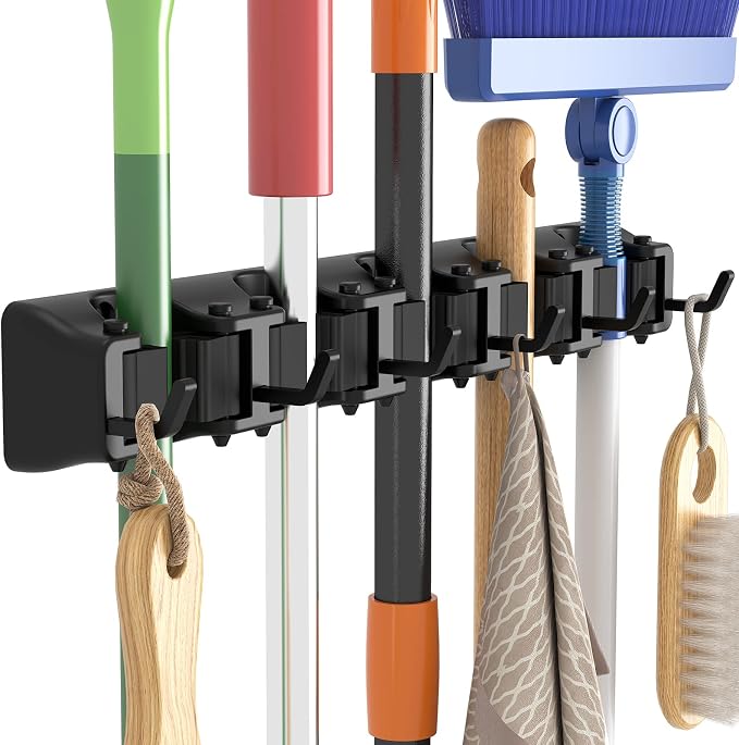 Lifewit Mop and Broom Holder Wall Mount, Anti-Slip Broom Hanger for Cleaning Supplies Organizer, Easy Install Tool Hanging Rack for Closet, Kitchen, Garage, 5 Slot 6 Hooks, Hold 30lbs, Black, 1 Pack by Lifewit