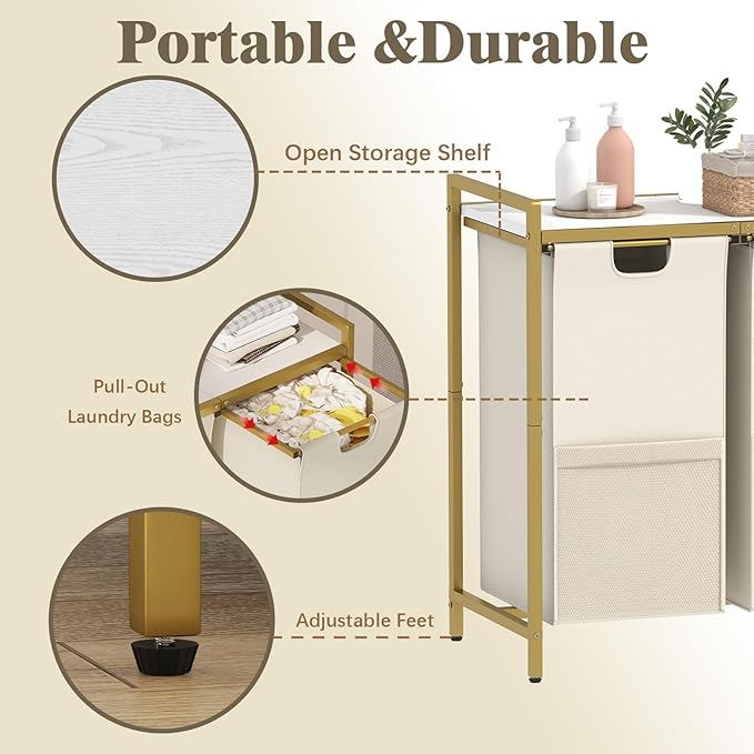 Huhote Laundry Hamper, double Laundry Basket, Laundry Sorter with Top Shelf & 2 Removable Washable Bags & Side Pockets for Laundry Room organization, Bathroom and Dorm, Gold and White - Image 4