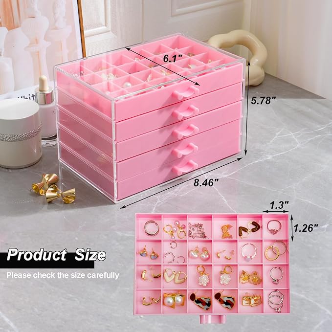 YUFONG Earring Storage Box Organizer, Acrylic Jewelry Storage Box Holder 5 Drawers Transparent Jewelry Display Stand with 120 Small Compartments Gift Boxes for Women Girls (Pink) - Image 3