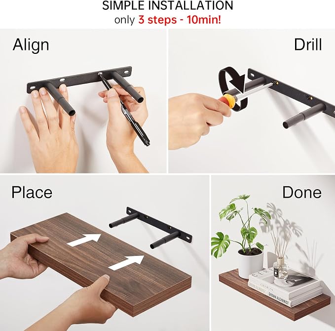 BAYKA Floating Shelves for Wall, Set of 3, Wall Mounted Rustic Wood Shelves for Bathroom, Bedroom, Living Room, Kitchen, Small Hanging Shelf for Books/Storage/Room Decor, Walnut-Like, 15.7in - Image 5