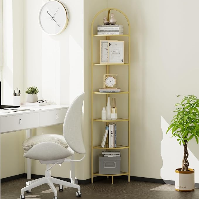 Homhedy 6-Tier Corner Shelf Stand, Metal Corner Bookshelf, Tempered Glass Shelves, Bathroom Storage Rack Shelf, Plant Stand, Modern Style, Golden - Image 8