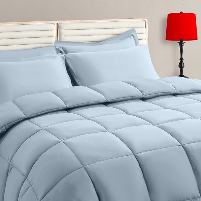 TAIMIT Light Blue Twin Size Comforter Set - 5 Pieces, Bed in a Bag Bedding Sets with All Season Soft Quilted Warm Fluffy Reversible Comforter,Flat Sheet,Fitted Sheet,1 Pillow Shams,1 Pillowcases