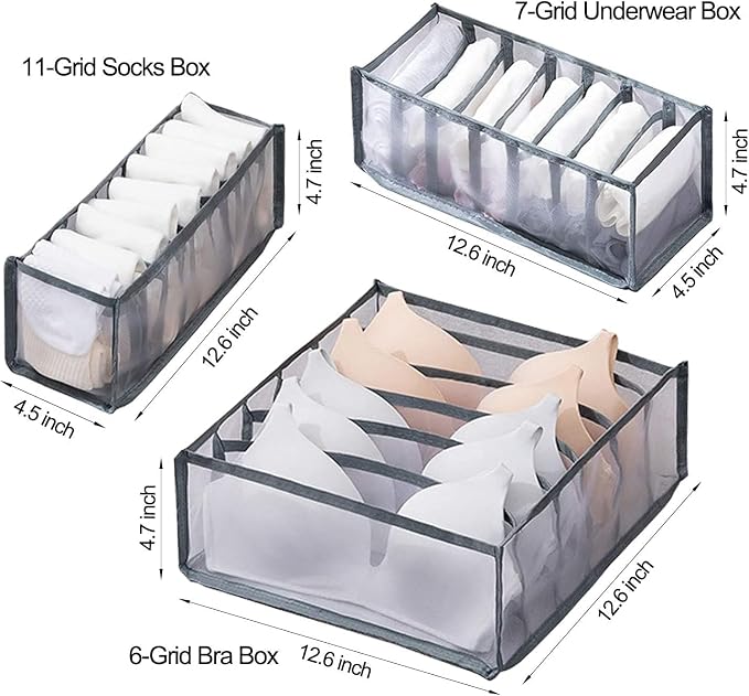 3 Set Underwear Organizer, Foldable Bra Underwear Drawer Organizer Divider Bins for Underwear, Socks, Ties, Bras, Underwear Storage Compartment Box (Gray) - Image 2