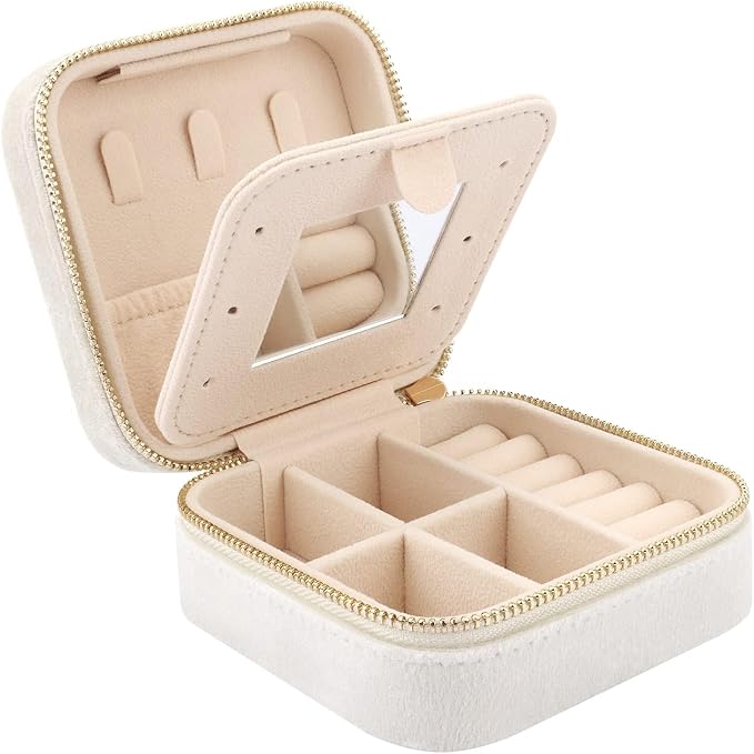 DesignSter Travel Jewelry Box - Velvet Mini Jewelry Organizer, Small Jewelry Case for Girls Women, Jewelry Storage Box for Rings Earrings Necklace (Square, Cream Beige) by DesignSter