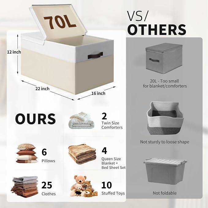 2 Pack EXTRA LARGE Blanket Storage Baskets with Lids, 22”x16”x12” Closet Organizers Bins for Clothes Towel/ Toy Storage Box with Lid Handles/ Stackable Decorative Fabric Bins for Living Room, Nursery - Image 2