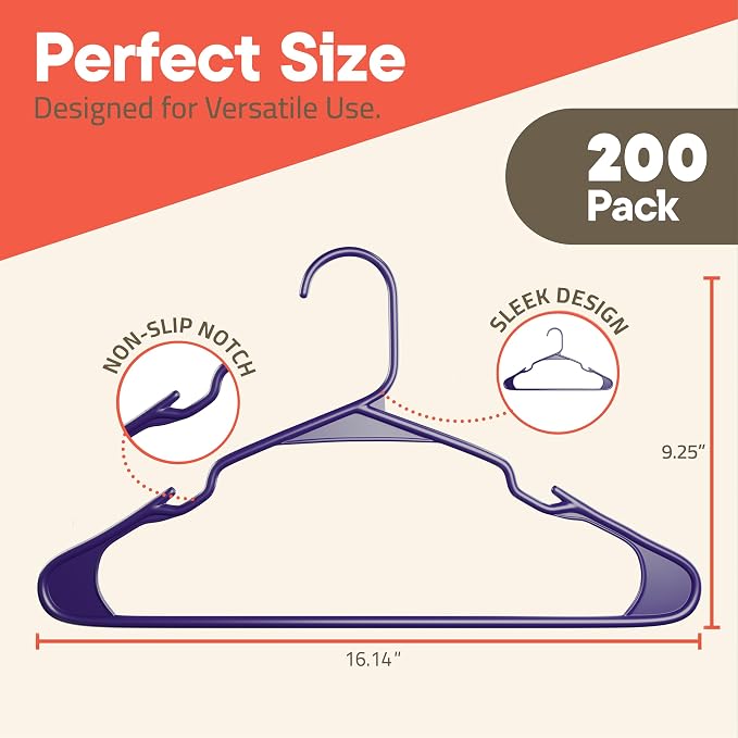 Purple Plastic Hangers 200 Pack– Heavy-Duty Plastic Hangers Slim and Space-Saving, Durable and Lightweight with Non-Slip Shoulder Notches for Slip Dresses, Suits, Jackets & Camisoles - Image 2