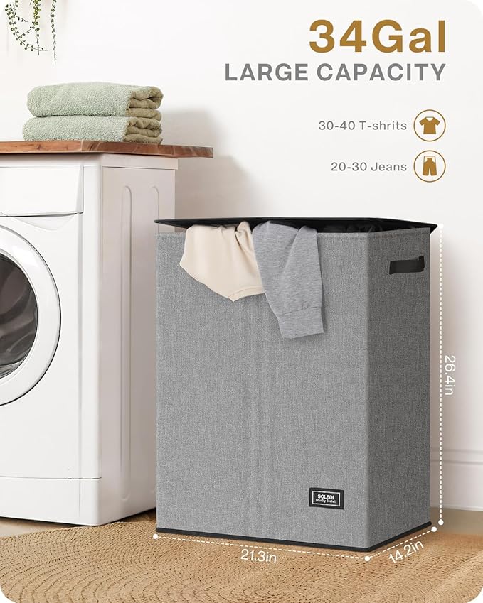 SOLEDI Double Laundry Hamper with Lid, 130L Clothes Hamper 2 Section, Laundry Basket with Removable bag, Bed room decor aesthetic, laundry room organization, Home and dorm room essentials - Image 2