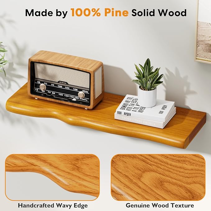 Floating Shelves for Wall Rustic Farmhouse 24 Inch Floating Shelf Wooden Shelves for Wall Mounted Live Edge Pine Shelf with Unique Natural Grain for Living Room Bedroom Kitchen (Honey Walnut) - Image 4