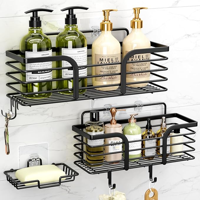 Yougai Shower Caddy, Shower Organizer with Soap Holder and Hooks, Rustproof Shower Shelves, No Drilling Bathroom Organizers and Storage, Wall-Mounted Kitchen & Home Decor (Black) by Yougai