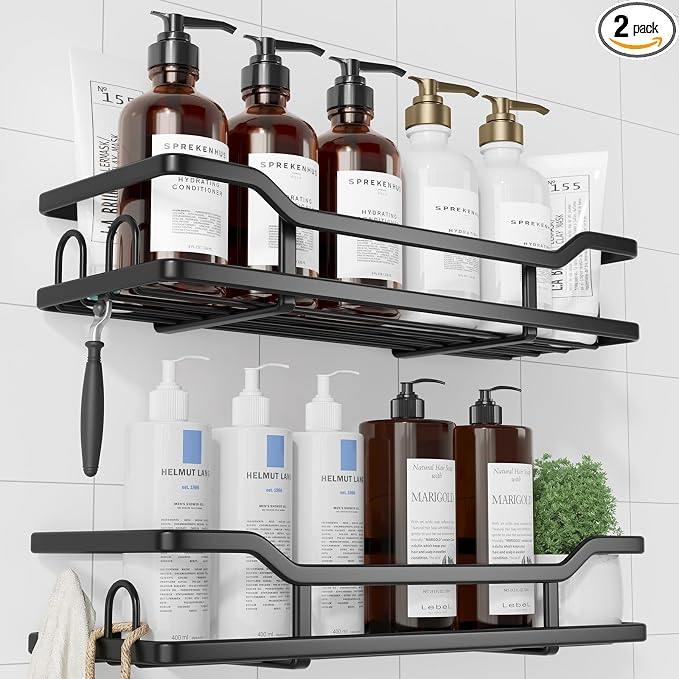 Kitsure Shower Caddy - 2 Pack, No Drilling Shower Organizer with 8 Hooks, Rustproof Stainless Steel Shower Shelf for Inside Shower, Wall Mounted Shower Rack for Bathroom, Kitchen, Black by Kitsure