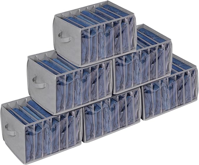 Zilink Upgraded Wardrobe Clothes Organizer with Support Board Clear Jeans Organizer for Closet with 7 Grids Divider Closet Drawer Organizer for Jean Pant Sweater Legging T-Shirt, 6 Pack, Grey by Zilink