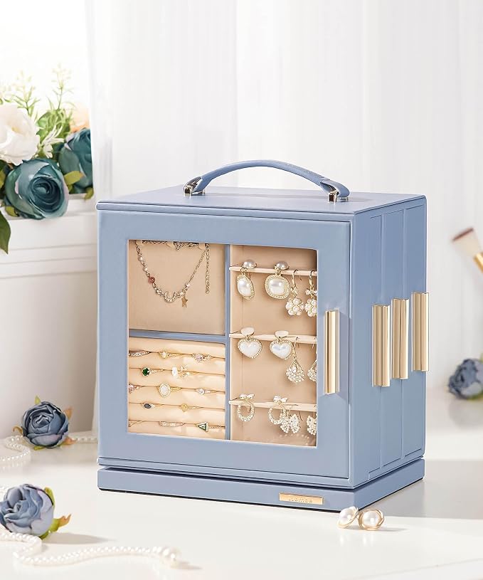 Homde Mothers Day Gifts Jewelry Box 360° Rotating, Necklace Earring Organizer with Transparent Window, Mirror, 7 Drawers, Large Ring Display Storage Case for Girls Women (Grey Blue) - Image 2