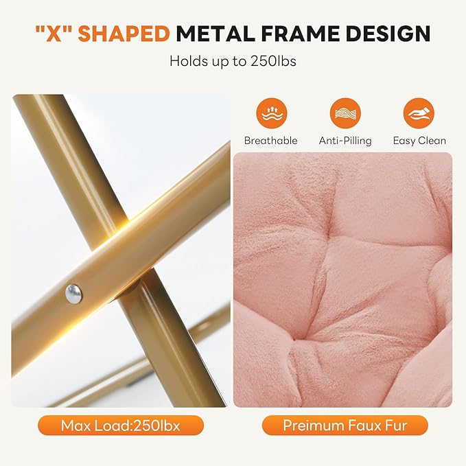 Sweetcrispy Saucer Chairs, Comfy Folding Cozy Faux Fur Living Room Reading Lounge Chair with Soft Thick Padded Seat & Metal Frame Modern Style Bedroom Home Dorm for Kids Adults, X-Large - Peach