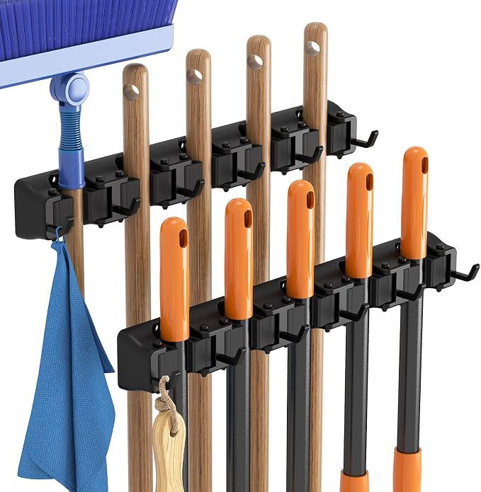 Lifewit Mop and Broom Holder Wall Mount, Anti-Slip Broom Hanger for Cleaning Supplies Organizer, Easy Install Tool Hanging Rack for Closet, Kitchen, Garage, 5 Slot 6 Hooks, Hold 30lbs, Black, 2 Pack by Lifewit