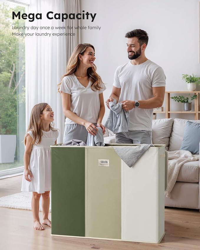 SOLEDI 180L 3-Section Laundry Hamper with Lid, Extra Large Dirty Clothes Basket with Sturdy Handles for Laundry Room & Bedroom - Durable Organizer for Sorting Laundry - Image 2