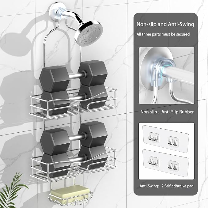 DAOYA Shower Caddy - Organizer with 6 Hooks, Soap Basket & Self-Adhesive Pad, Silver - Image 3