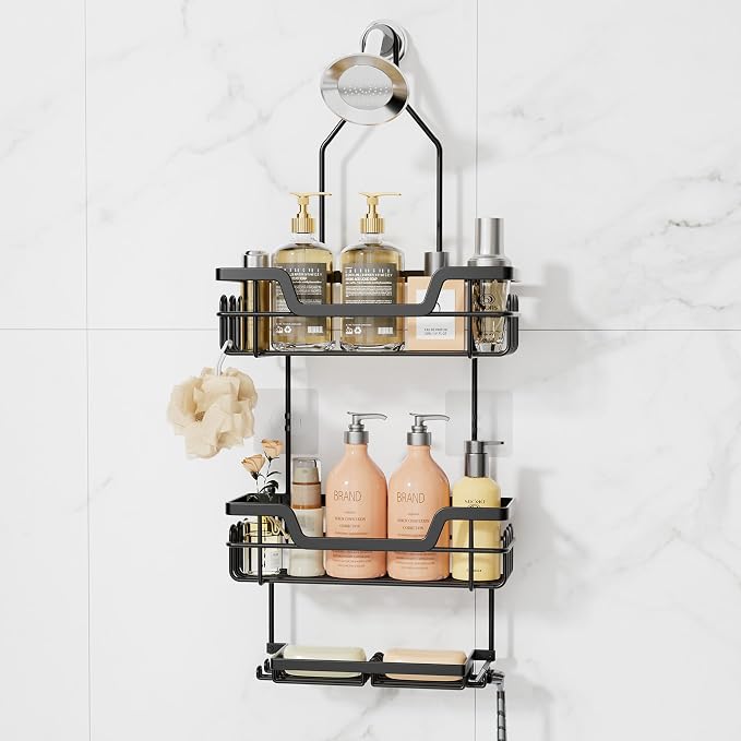SWTYMIKI Bathroom Shower Caddy Hanging - 3 Tier Rustproof Over Shower Head Organizer, No Drilling Bathroom Shelf with 16 Hooks & Soap Holder, Anti-Swing Rack for Shampoo,Sponge,Towel, Black, Large by SwtyMiki-TidyHomeSweetLife