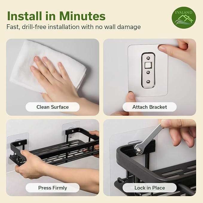 EVALAND Shower Caddy Adhesive 2-Pack with Hooks and Rod for Towels, Black – Premium Bathroom Shower Shelves, Shampoo Organizer, Bathtub Shelf, Rustproof, Easy Installation, Sturdy Modern Look - Image 4