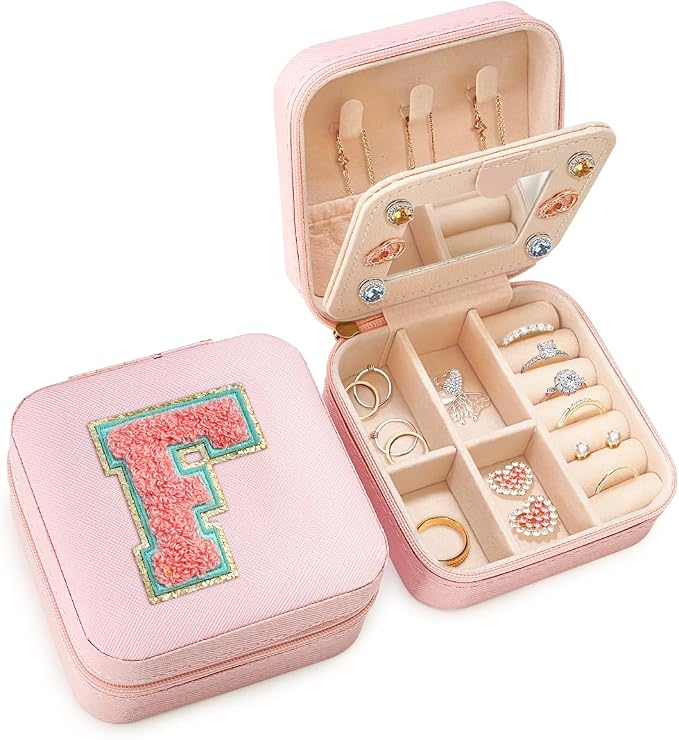 SANDJEST Personalized Jewelry Box, Pink Travel Jewelry Box with Initial F, Small Monogrammed Jewelry Case Organizer for Girls Women Teen Kids, Mini Travel Essentials Gifts for Birthday Christmas by SANDJEST