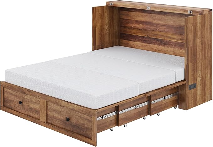 LUXOAK Queen Murphy Bed with 6" White Tri-Fold Memory Foam Mattress, Storage Drawer & Charging Station, Space-Saving Design for Home Office or Guest Room, Barnwood