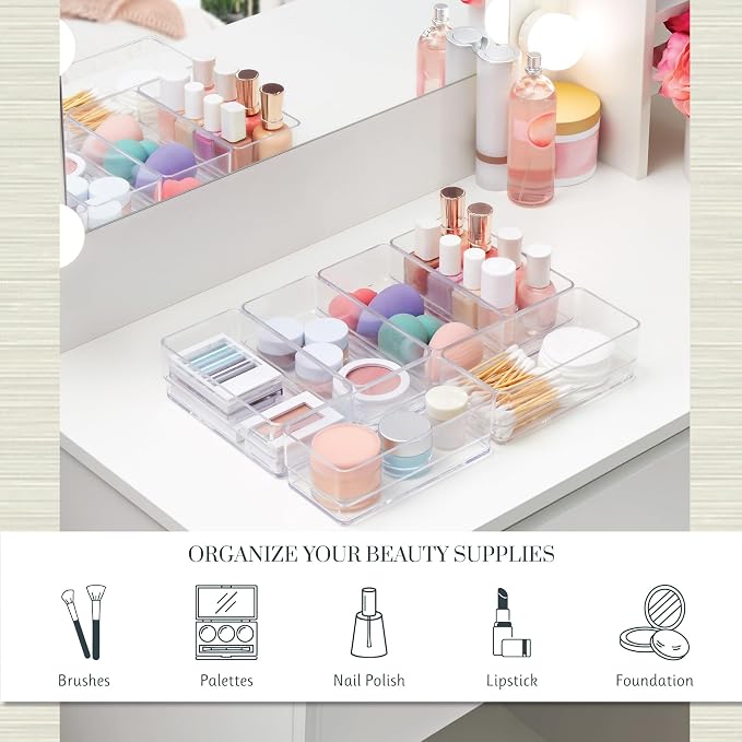 STORi SimpleSort 6-Piece Stackable Clear Drawer Organizer Set | 6" x 3" x 2" Rectangle Trays | Small Makeup Vanity Storage Bins and Office Desk Drawer Dividers | Made in USA - Image 3