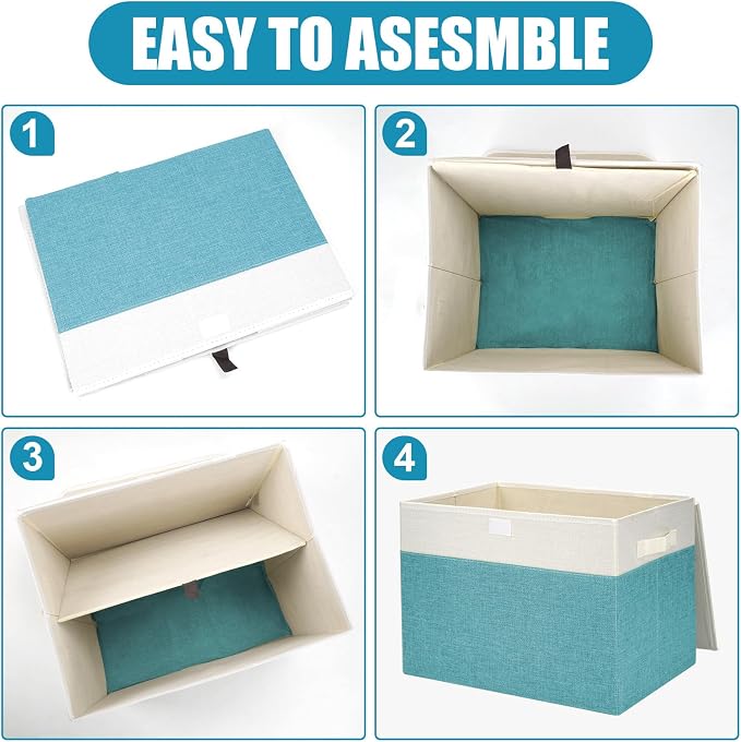 Large 17" 42 Quarts Collapsible Stackable Storage Bins with Lids [3-Pack] Foldable Fabric Linen Storage Boxes Cube, Closet Organizer Baskets with Label for Home (16.7 x 12 x 12", Teal & White) - Image 3