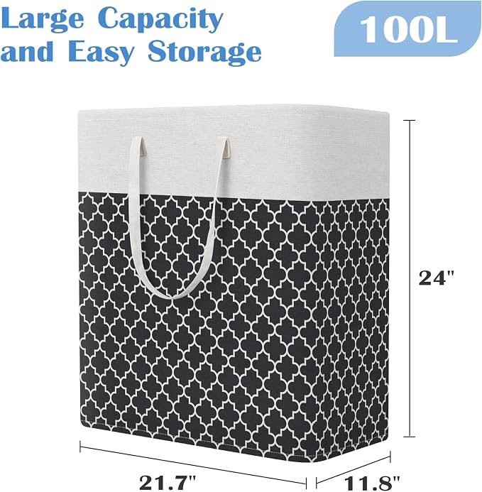 BlissTotes 3-Pack Laundry Basket, Freestanding＆Waterproof Laundry Hamper, Collapsible Tall Clothes Hamper with Easy Carry Handles for Clothes, Towels in the Family and Dorm,Clover Black,100L - Image 2