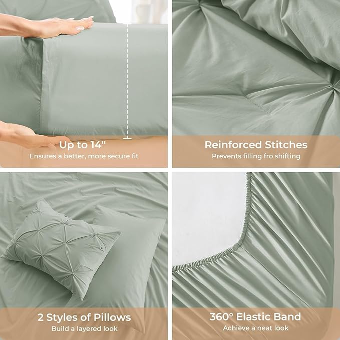 Sasttie Full Size Comforter Set, 7-Piece Bed in a Bag, Pintuck Bedding Set for All Season, Includes Comforter, Flat Sheet, Fitted Sheet, Pillowcases and Pillowshams, Dusty Green