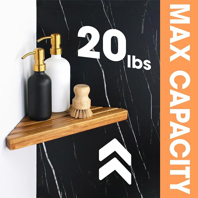 ENKEZI Acacia 2,3 Tiers Corner Shower Shelf, Triangular Corner Shelf Wooden Bathroom Shelf for Tiled Wall, Shower Corner Shelf, No Drilling Requied (3) - Image 2