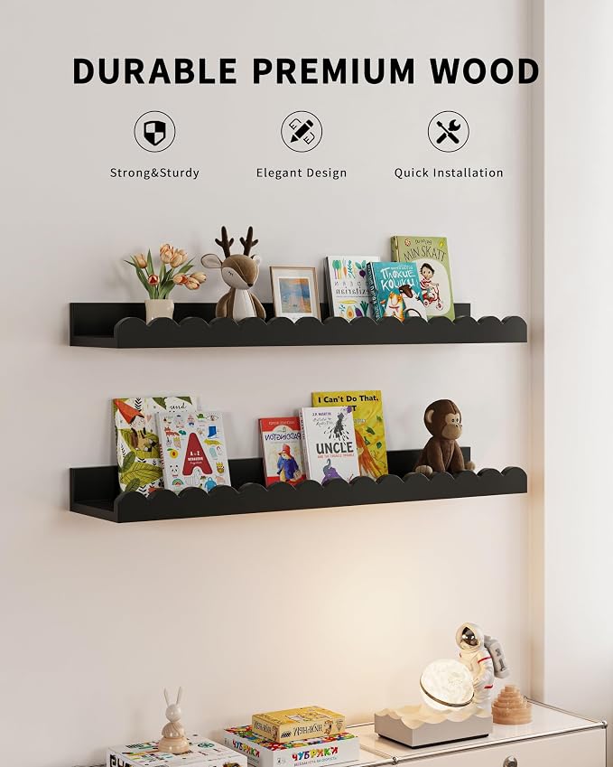 Shario Nursery Book Shelves, 4-Pack Wood Floating Shelves for Wall Kids, Scalloped Shelves, Wall Book Shelves for Bedroom Kids, Toddler Room, Baby Room, Nursery Decor (Black, 23 Inches) - Image 2