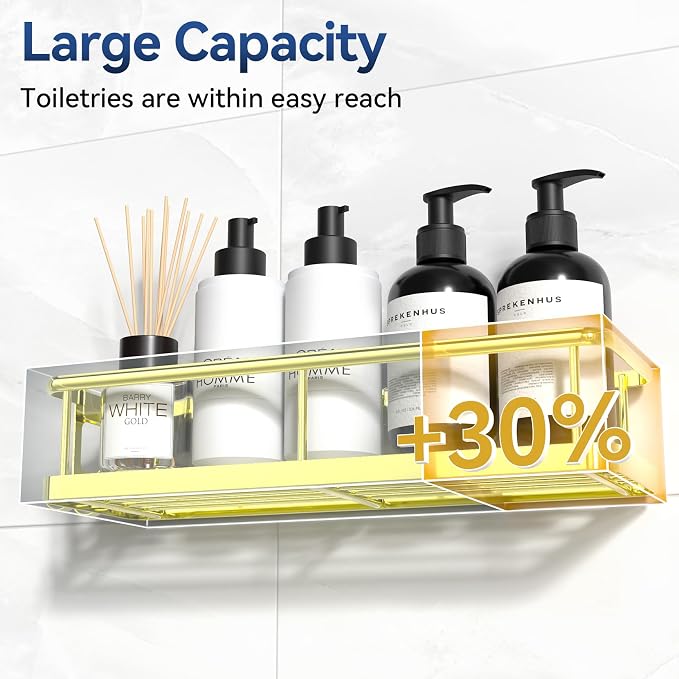 YASONIC Shower Caddy Adhesive, No Drill Bathroom Shower Organizers, with Removable Hooks, Rust Proof Shower Shelves, Wall-Mounted Shower Holder, 2 Pack Gold - Image 4