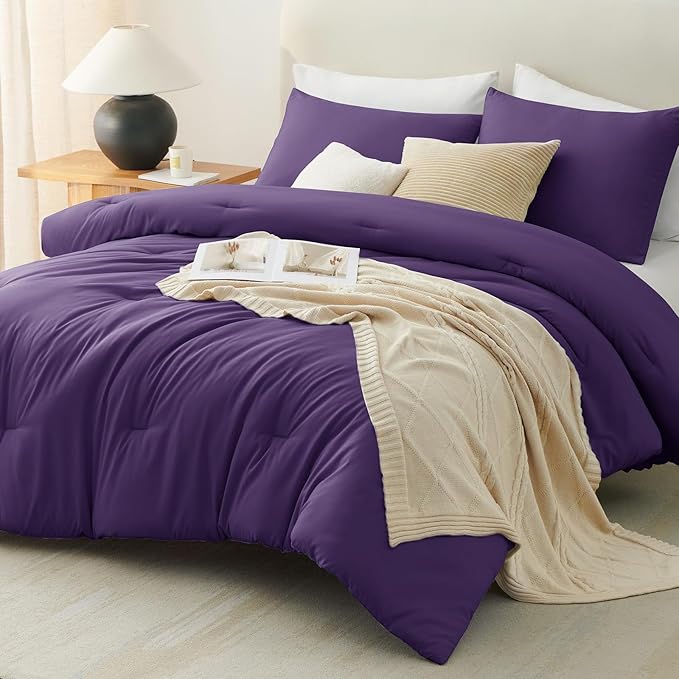 CozyLux King Size Comforter Set Purple, 3 Pieces Solid Comforters King Size Breathable Quilted Bedding Set, Luxury Soft Lightweight Bed Set with Down Alternative Comforter and 2 Pillowcases All Season