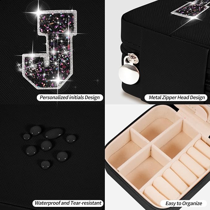 Uygafly Travel Jewelry Case - Personalized Jewelry Box for Women,Small Jewelry Organizer Cute Jewelry Organizers and Storage Aesthetic,Travel Essentials Birthday Gifts for Girls Women | Black,J - Image 4