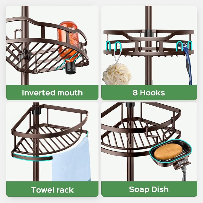 HAMITOR Shower Caddy Tension Pole: Rustproof Quick Install Corner Bathroom Organizer Shelf on Floor for Renters - 4-Tier Large Capacity Storage Rack with Soap Holder for Apartment -47-121 Inch/Bronze - Image 3