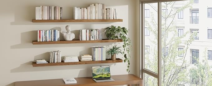 ROGMARS 60Inches Long Walnut Floating Shelves,Rustic Solid Wood Farmhouse Wall Shelves with Invisible Brackets for Bathroom, Living Room, Bedroom, Kitchen Set of 3 - Image 9