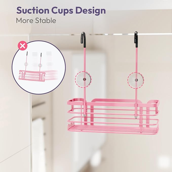 SWTYMIKI Shower Caddy Hanging Organizer - Over the Door Shower Caddy with 6 Hooks, 2 Installation Ways, Stainless Steel Rustproof Bathroom Organizer, Pink Small - Image 4