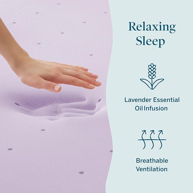 Lucid 4 Inch Lavender Memory Foam Mattress Topper, Queen Size – Essential Oil Infusion – Ultra Plush Feel, Pressure-Relieving Bed Topper – Ventilated and Breathable – CertiPur Certified