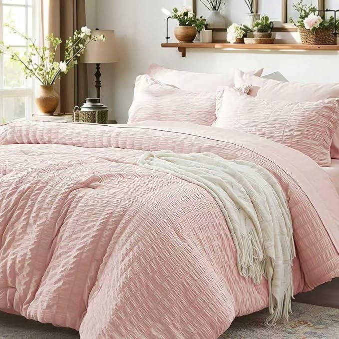 Zzlpp Queen Comforter Set 7 Pieces, Pink Seersucker Bed in a Bag with Comforter and Sheets, All Season Bedding Sets with 1 Comforter, 2 Pillow Shams, 2 Pillowcases, 1 Flat Sheet