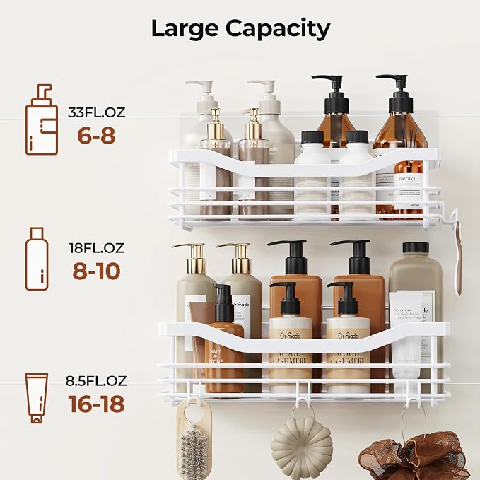 Orimade Shower Caddy Basket Shelf Storage Rack, No Drilling Wall Mounted Adhesive Rust Resistant Stainless Steel Shower Organizer with 5 Hooks for Bathroom, White 2 Pack - Image 3
