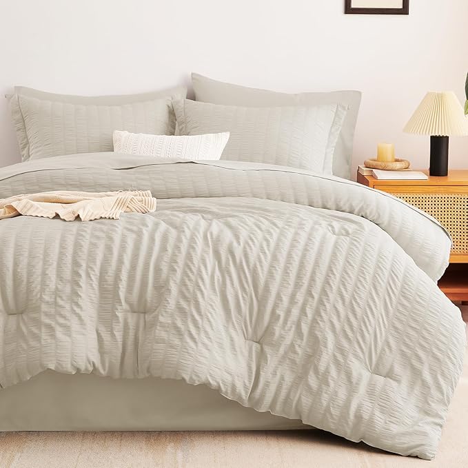 CozyLux King Size Comforter Set Oatmeal Seersucker 7 Pieces Bed in a Bag King Comforter Set with Sheets, Luxury Bedding Sets with Down Alternative Comforter, Sheets, Pillowcases & Shams All Seasons