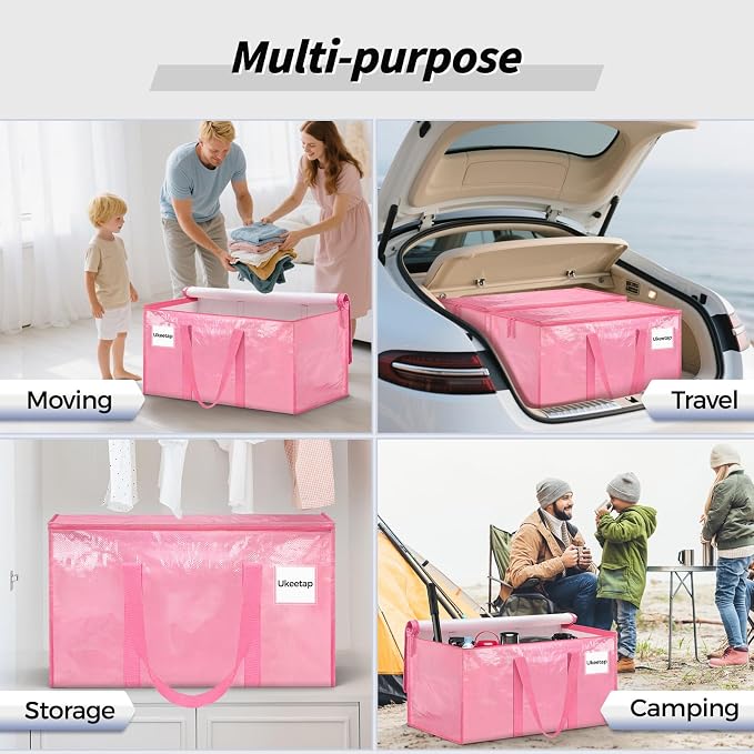 16 Pack Extra Large Heavy Duty Moving Bags, Pink Storage Bins with Lids, Reinforced Handles & Heavy-Duty Zippers Moving Boxes Storage Bags Totes for Clothes Packing, Dorms, College Supplies, Pink - Image 6